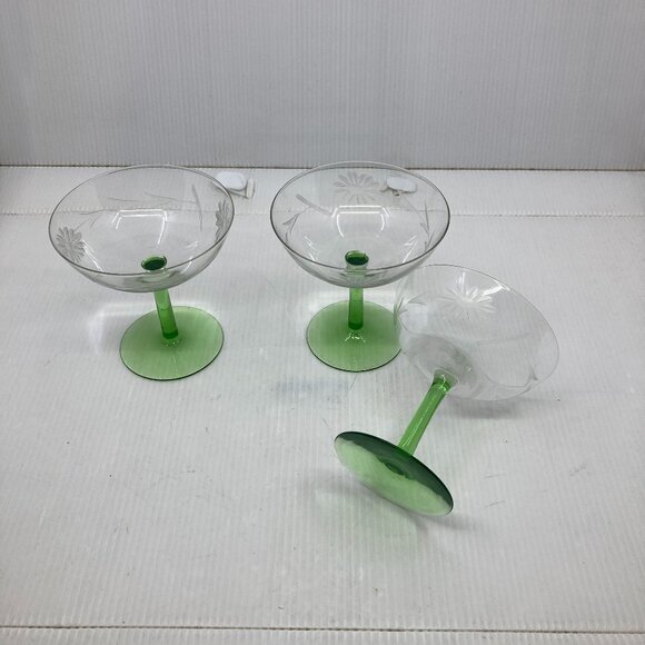 Vtg 1940 depression glass etched cut green stem 3 champagne cup - Picture 1 of 5
